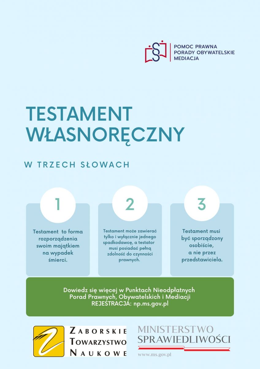 nieodpłatna pomoc prawna dotycząca testamentu własnoręcznego
