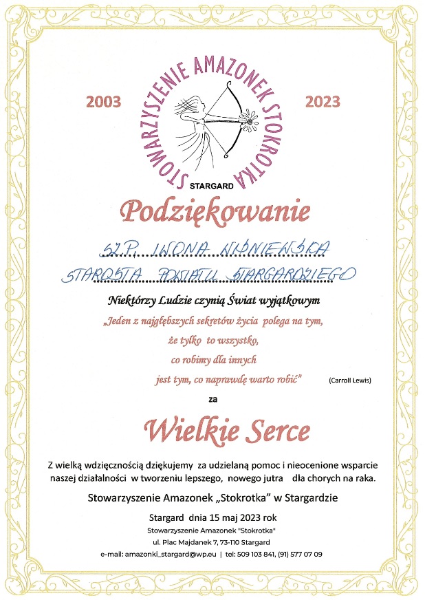 podziękowania Stowarzyszenia Amazonek Stokrotka dla Starosty Powiatu Stargardzkiego 