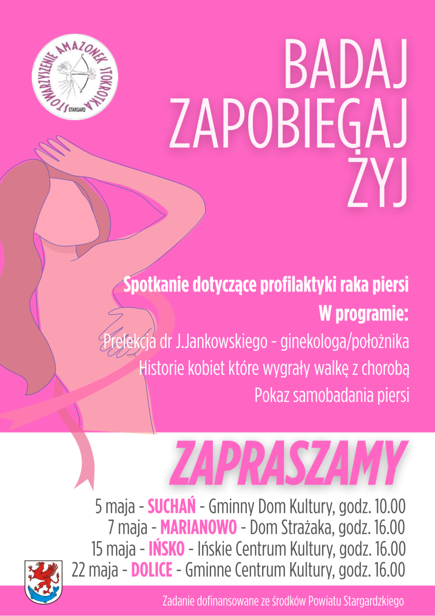 Plakat: Badaj zapobiegaj żyj! Spotkanie dotyczące profilaktyki raka piersi