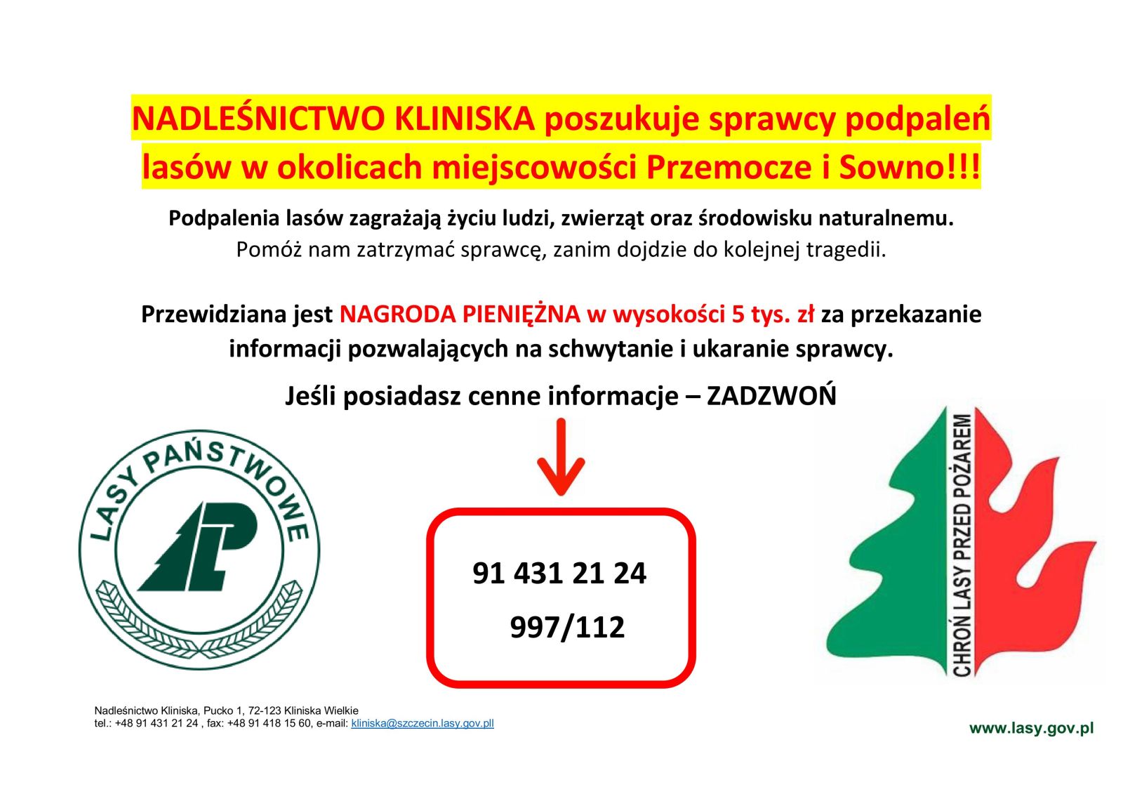 Zdjęcie: NADLEŚNICTWO KLINISKA poszukuje sprawcy podpaleń lasów w okolicach miejscowości Przemocze i Sowno!!!