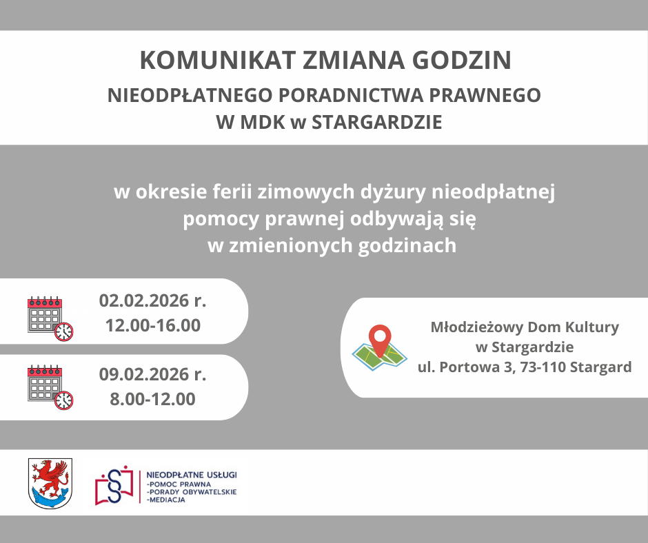 Zdjęcie: KOMUNIKAT ZMIANA GODZIN NIEODPŁATNEGO PORADNICTWA PRAWNEGO W MDK  w STARGARDZIE