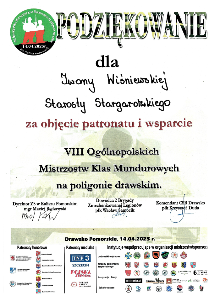 Podziękowanie dka Iwiny Wiśniewskiej Starosty Stargardzkiego za objęcie patronatu i wsparcie VIII Ogólnopolskich Mistrzostw Klas Mundurowych na poliginie drawskim